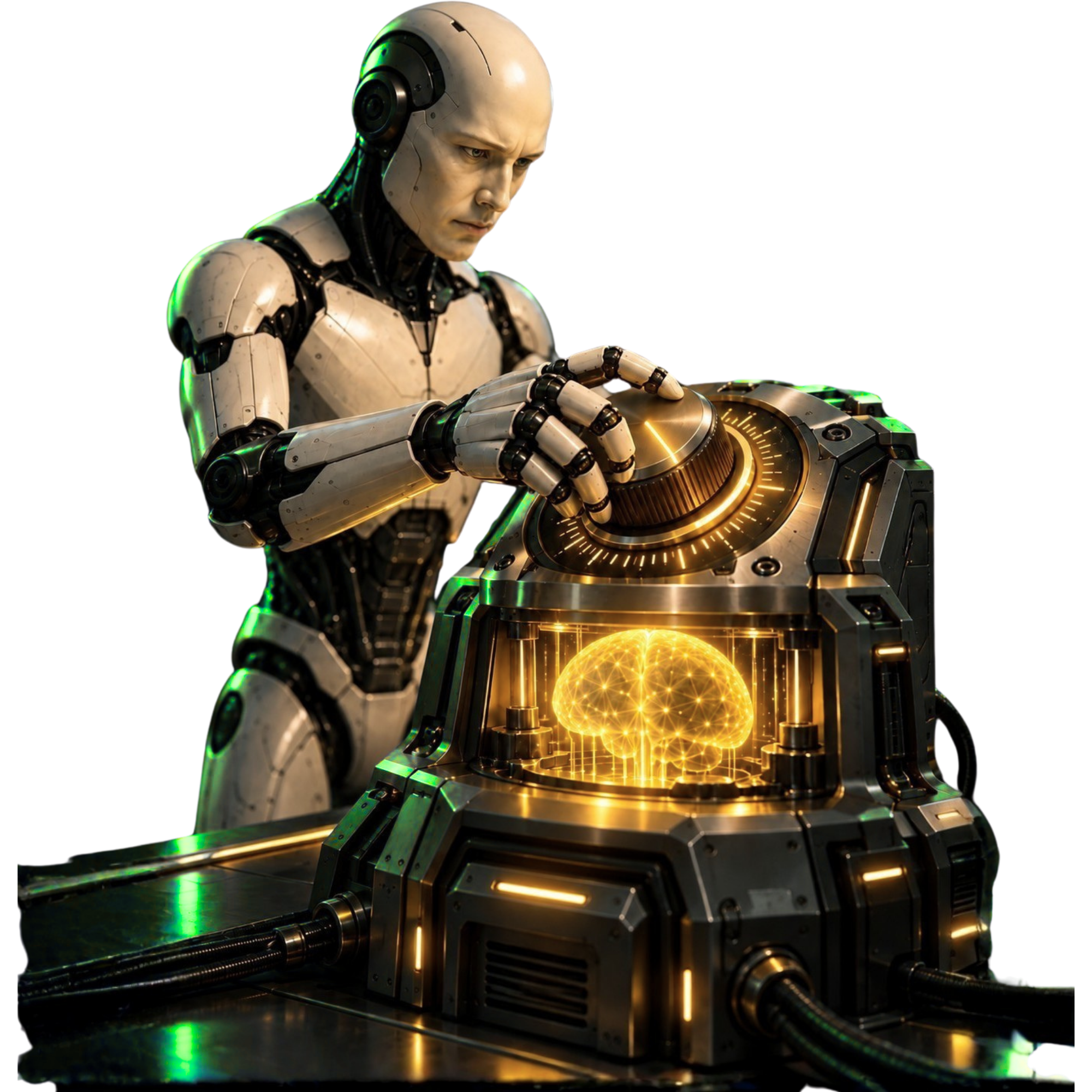 Robô ajustando um reator com um cérebro dentro